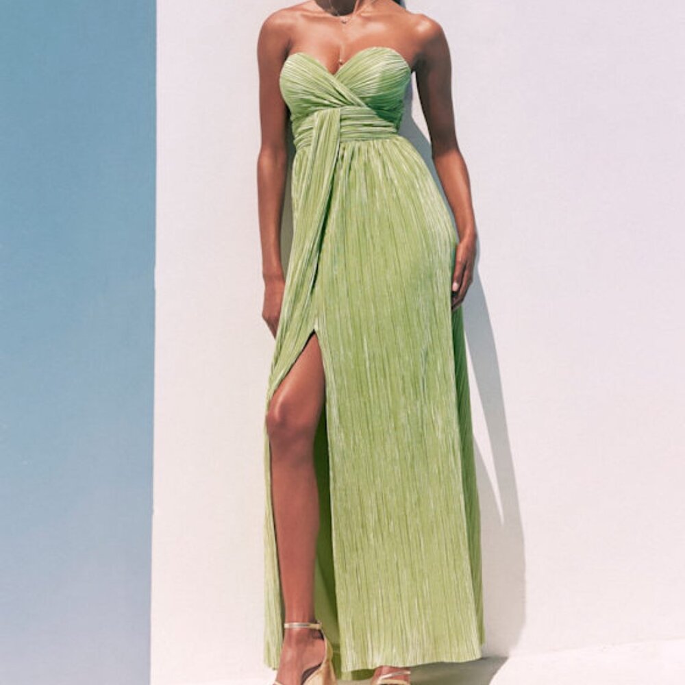 Lulus Oswin Lime Green Satin Plisse Strapless Maxi Dress - Size L